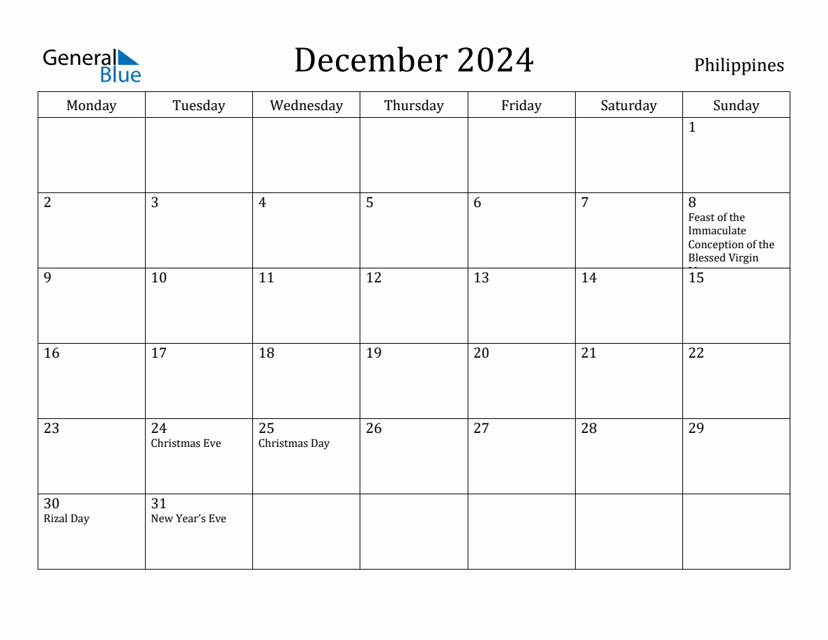 December 2024 Philippines Monthly Calendar with Holidays