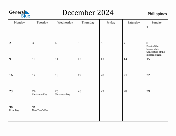 December 2024 Philippines Monthly Calendar with Holidays