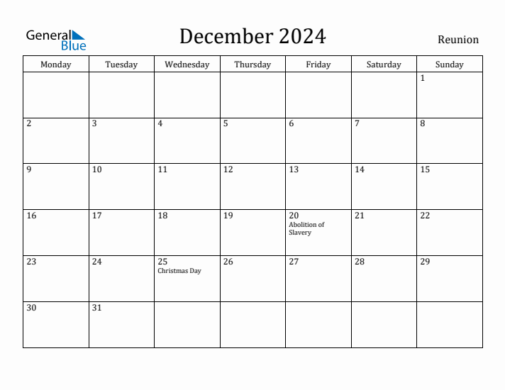 December 2024 Reunion Monthly Calendar with Holidays