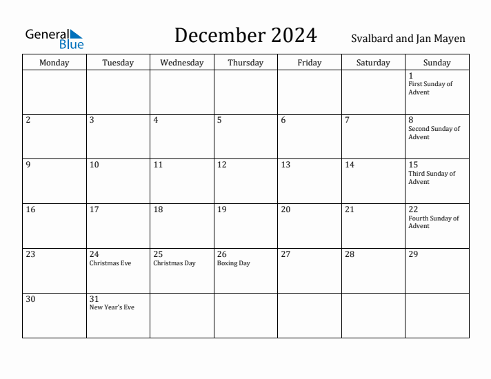 December 2024 Calendar Svalbard and Jan Mayen
