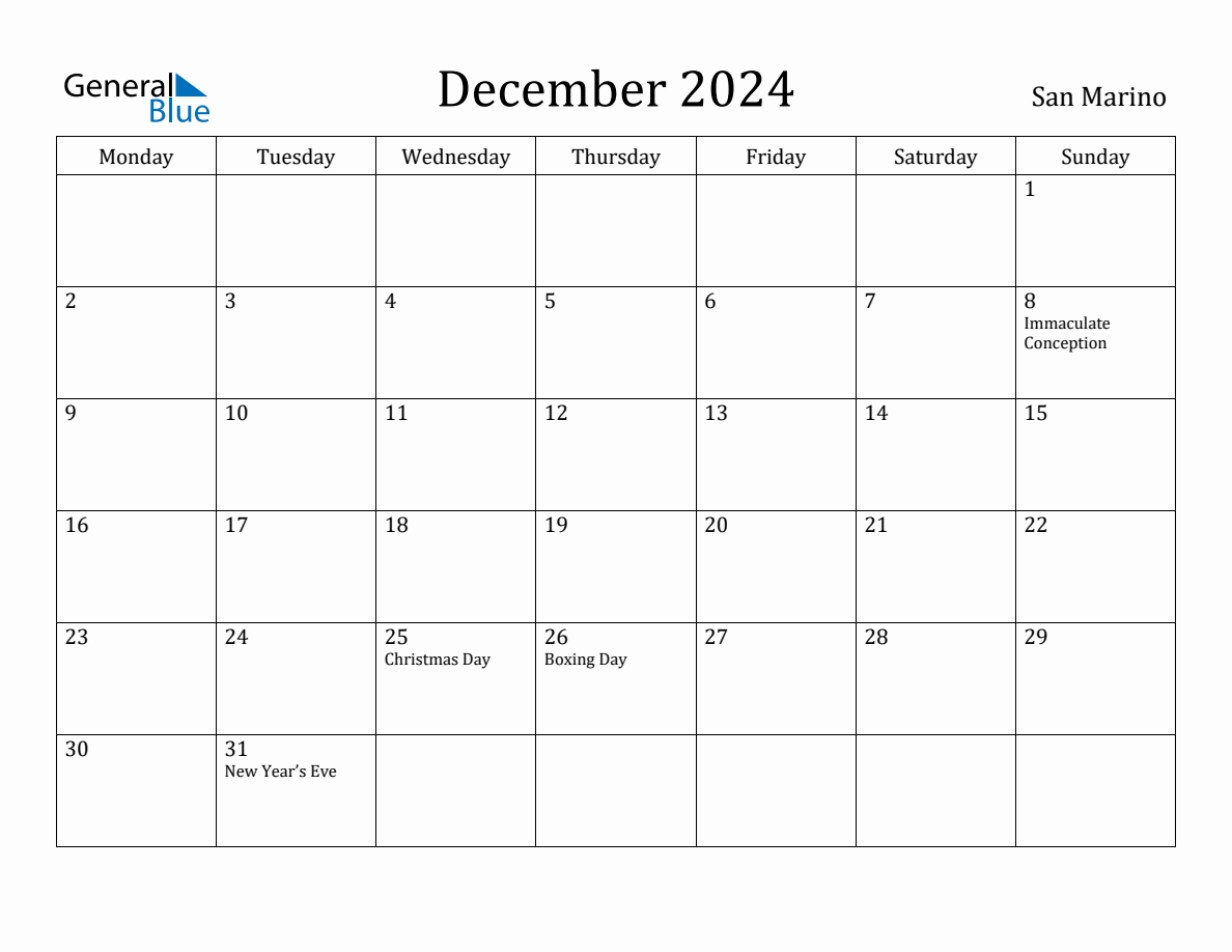 December 2024 San Marino Monthly Calendar with Holidays