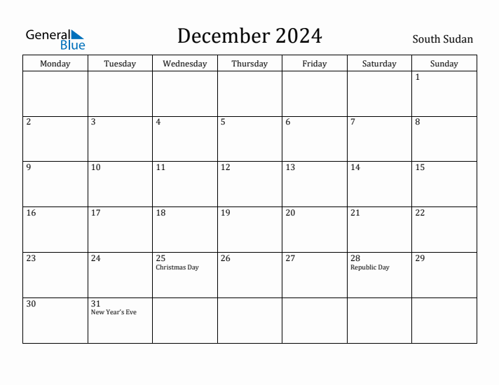 December 2024 Calendar South Sudan