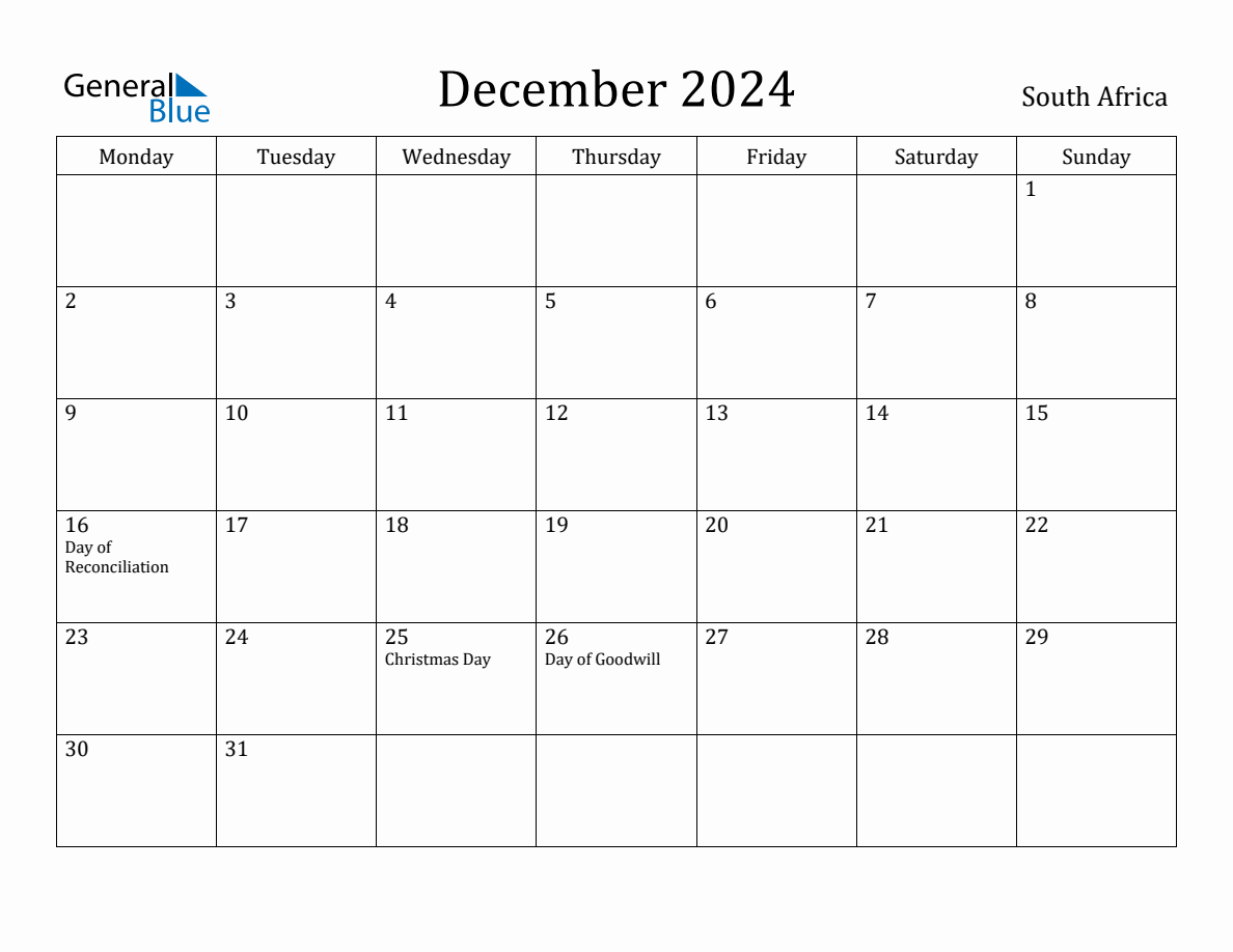 December 2024 South Africa Monthly Calendar with Holidays