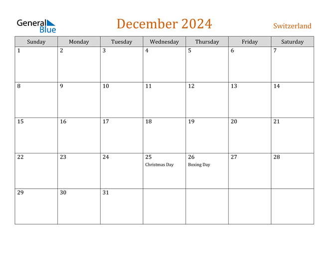 Switzerland December 2024 Calendar with Holidays