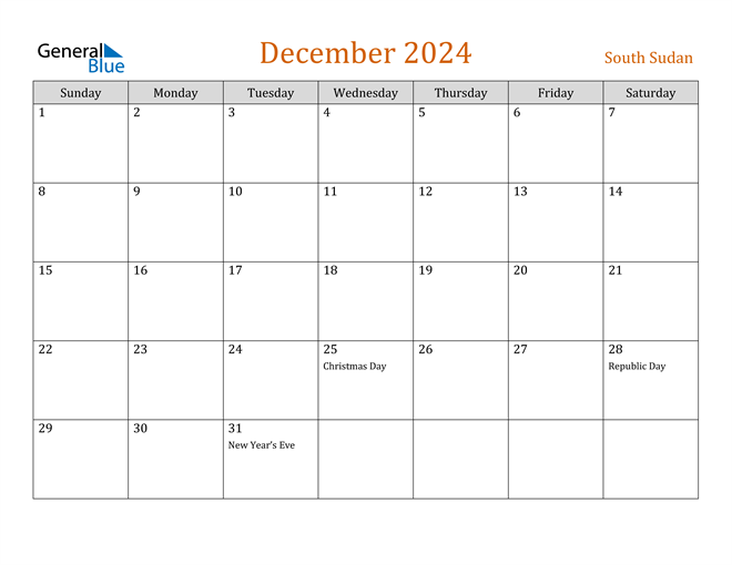 South Sudan December 2024 Calendar with Holidays