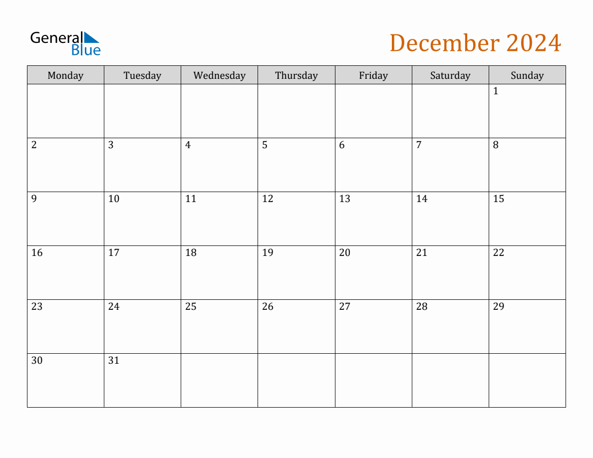 December 2024 Generic Monthly Calendar