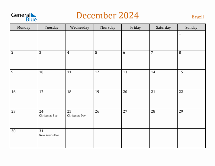 December 2024 Holiday Calendar with Monday Start