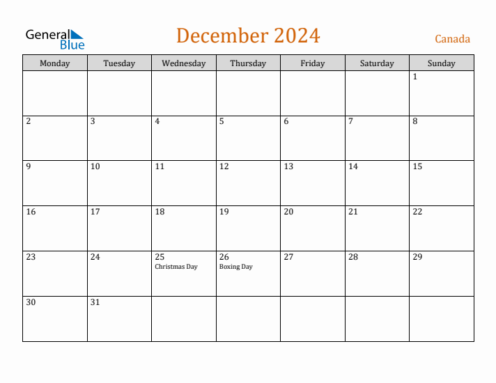Free December 2024 Canada Calendar