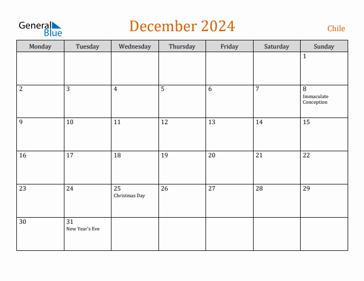 December 2024 Chile Monthly Calendar with Holidays