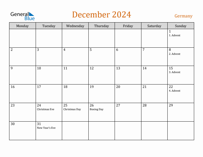 December 2024 Germany Monthly Calendar with Holidays