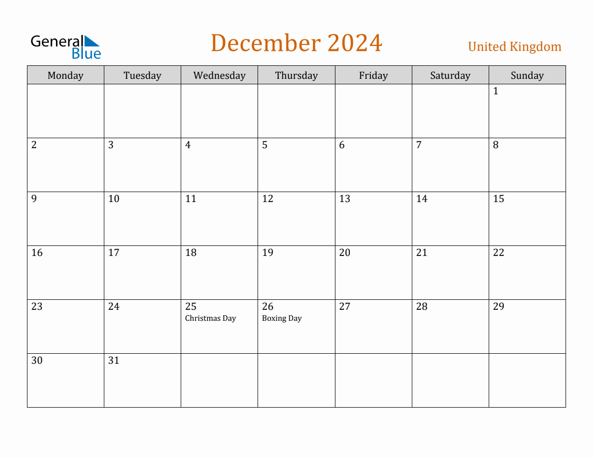 Free December 2024 United Kingdom Calendar