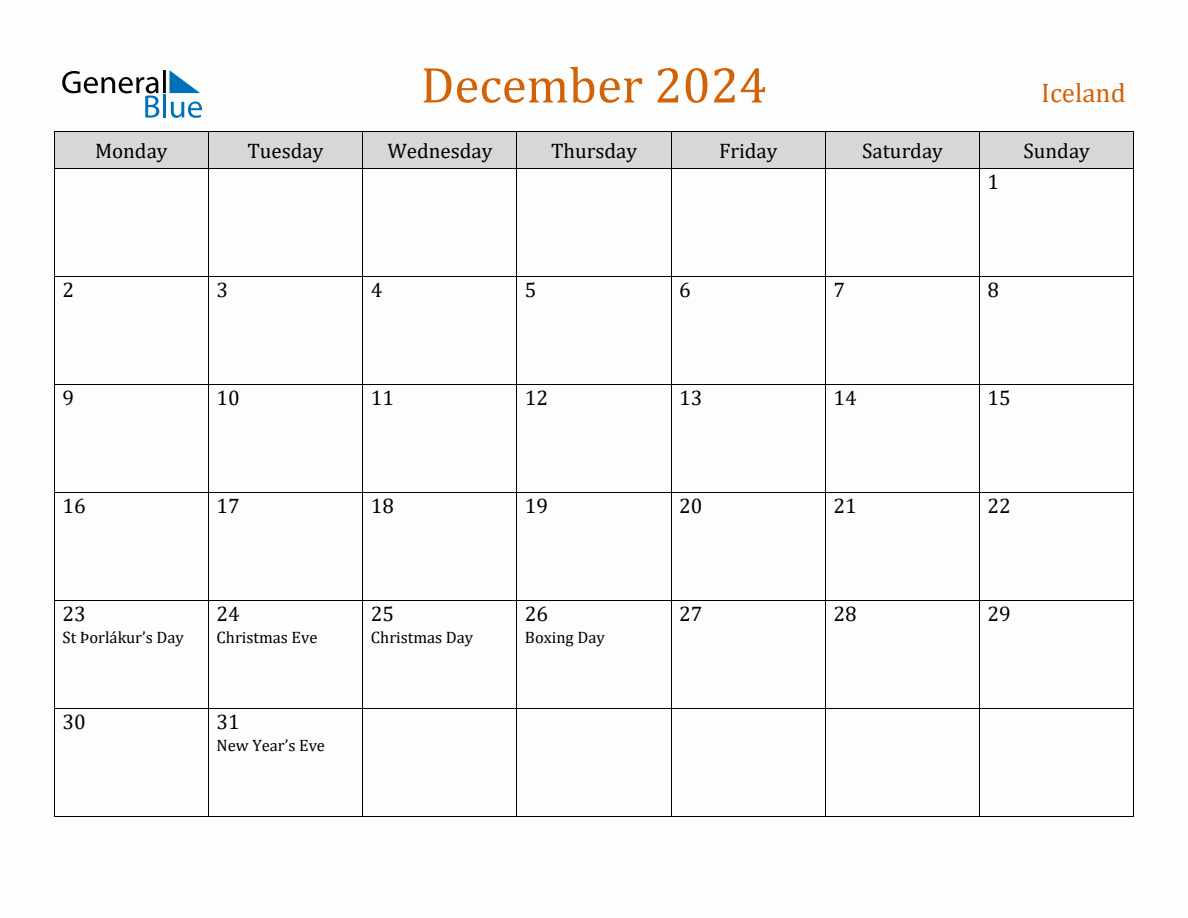 Free December 2024 Iceland Calendar