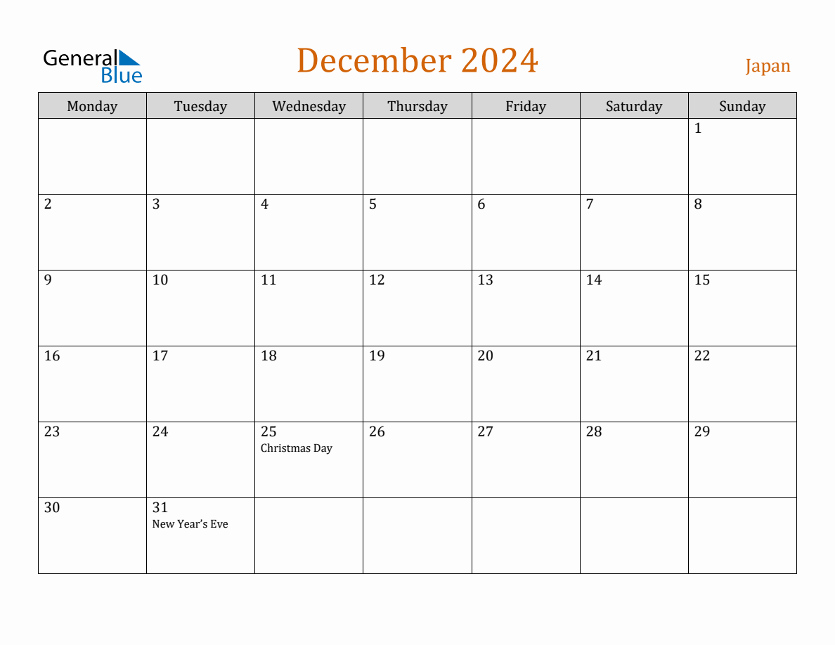 Free December 2024 Japan Calendar