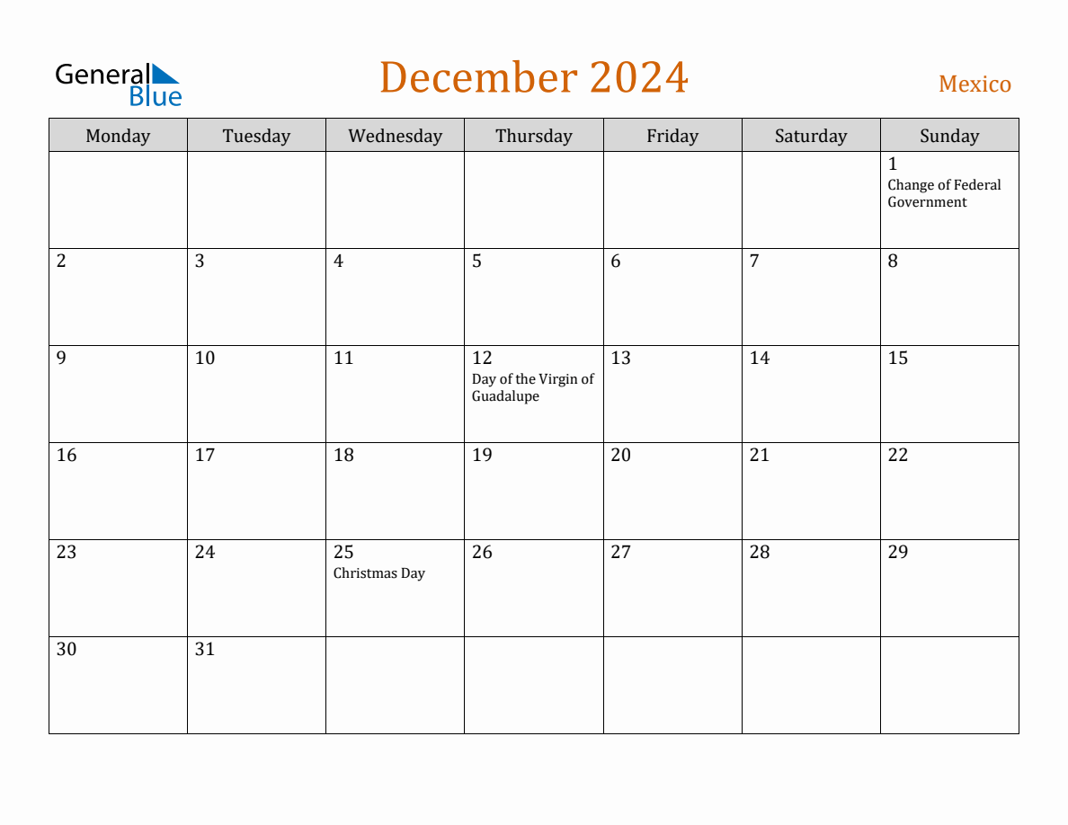 Free December 2024 Mexico Calendar