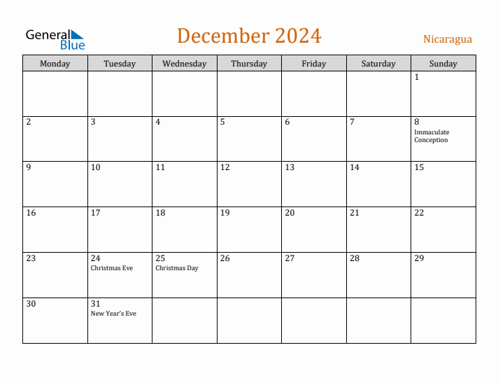 December 2024 Holiday Calendar with Monday Start