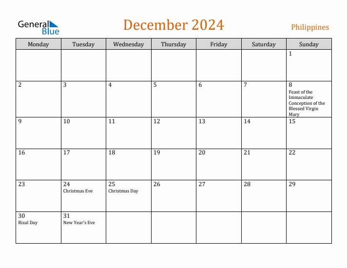 Free December 2024 Philippines Calendar