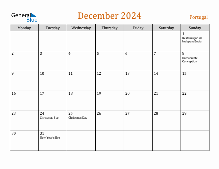 Free December 2024 Portugal Calendar