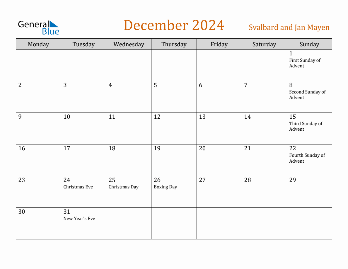 Free December 2024 Svalbard and Jan Mayen Calendar