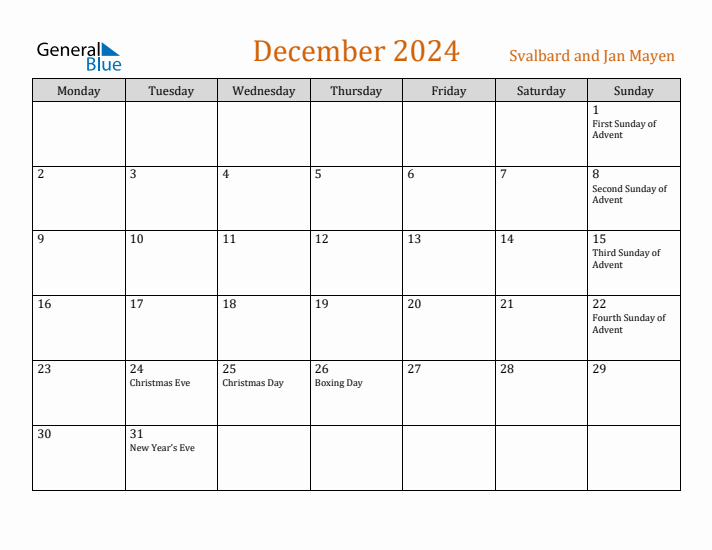 Free December 2024 Svalbard and Jan Mayen Calendar