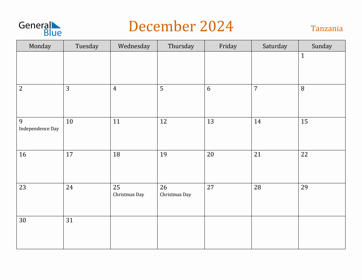 Free December 2024 Tanzania Calendar