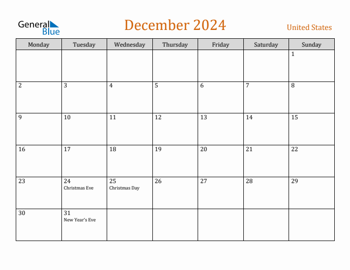 Free December 2024 United States Calendar
