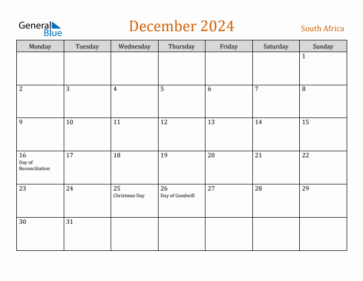 December 2024 South Africa Monthly Calendar with Holidays