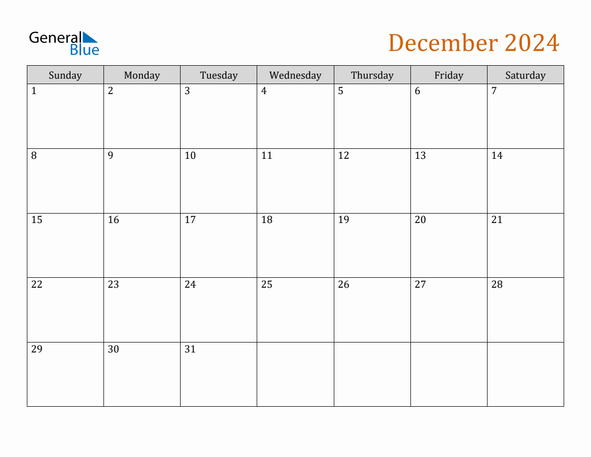 December 2024 Generic Monthly Calendar