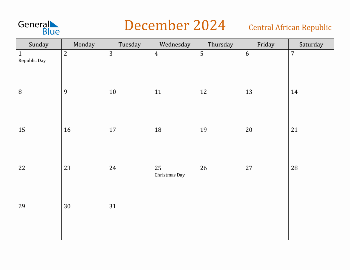 Free December 2024 Central African Republic Calendar
