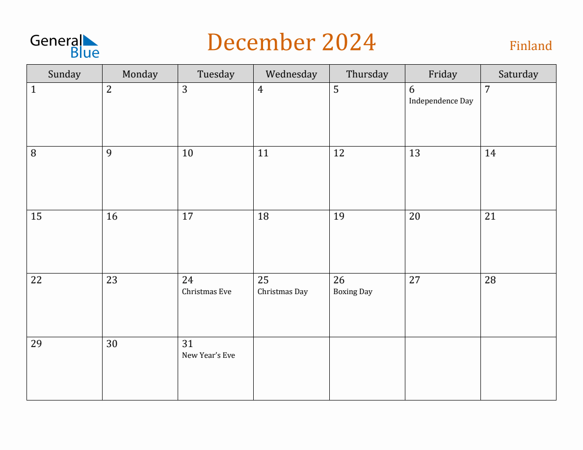 Free December 2024 Finland Calendar