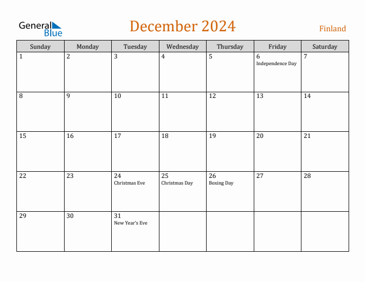 December 2024 Calendar with Finland Holidays