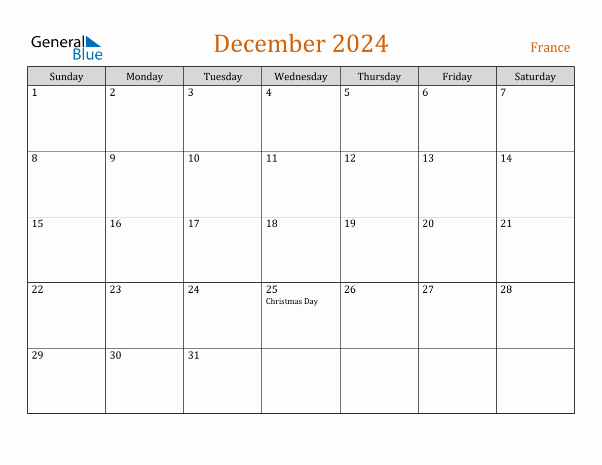 Free December 2024 France Calendar