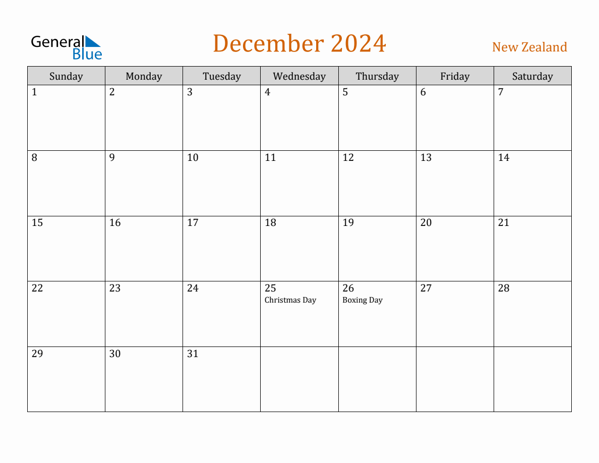 Free December 2024 New Zealand Calendar