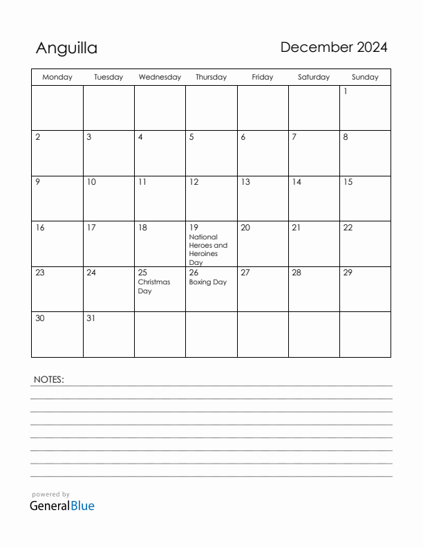 December 2024 Anguilla Calendar with Holidays (Monday Start)
