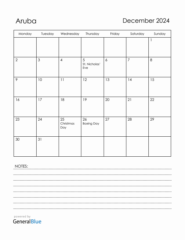 December 2024 Aruba Calendar with Holidays (Monday Start)