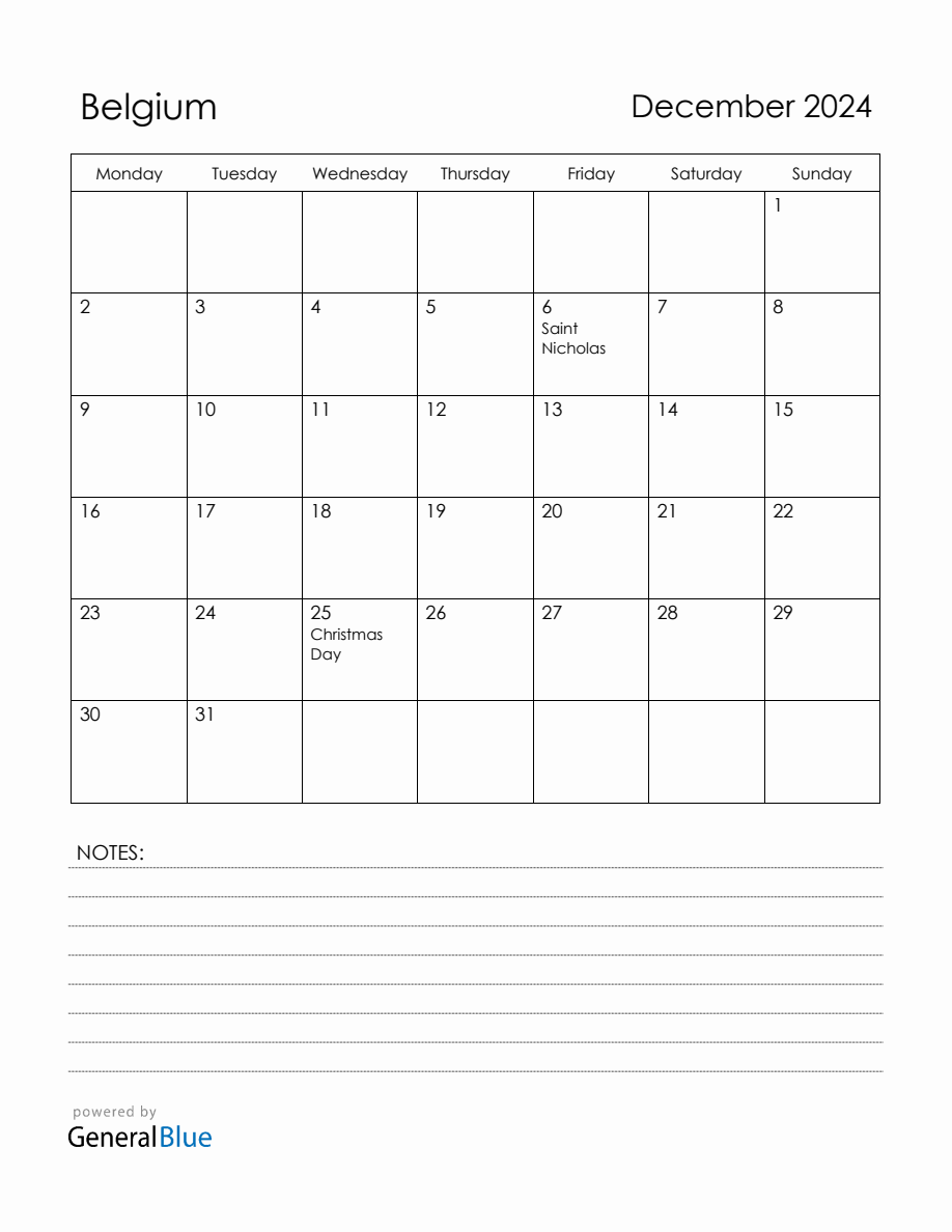 December 2024 Belgium Calendar with Holidays