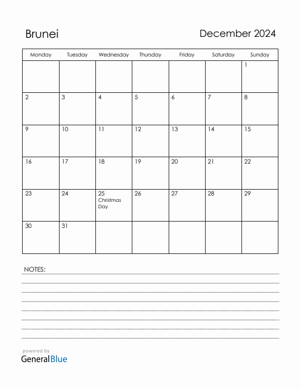 December 2024 Brunei Calendar with Holidays (Monday Start)
