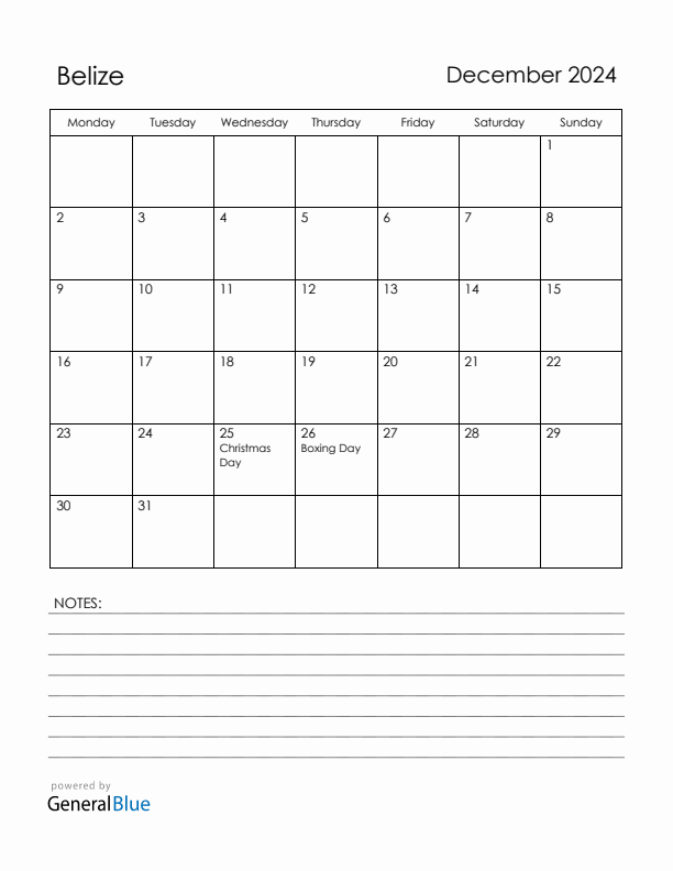 December 2024 Belize Calendar with Holidays (Monday Start)