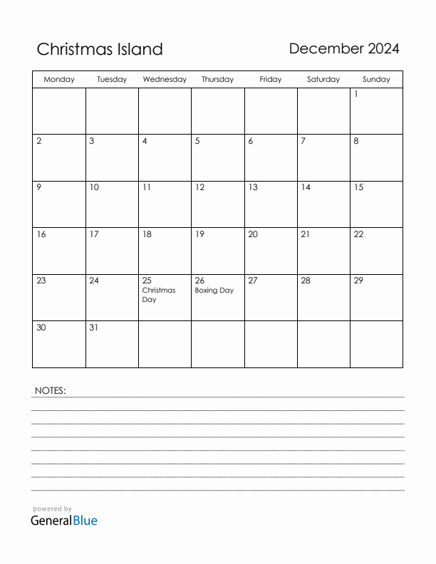 December 2024 Christmas Island Calendar with Holidays (Monday Start)