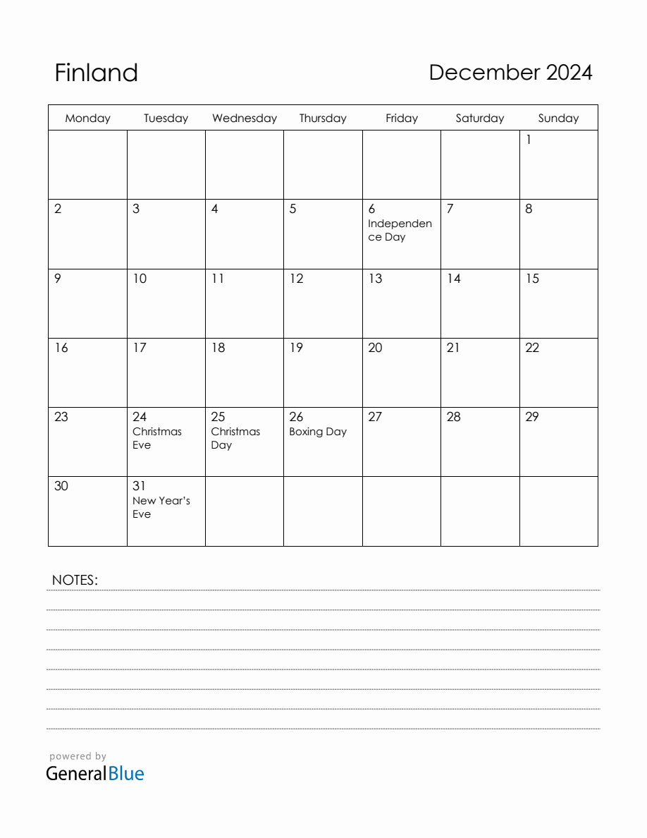 December 2024 Finland Calendar with Holidays