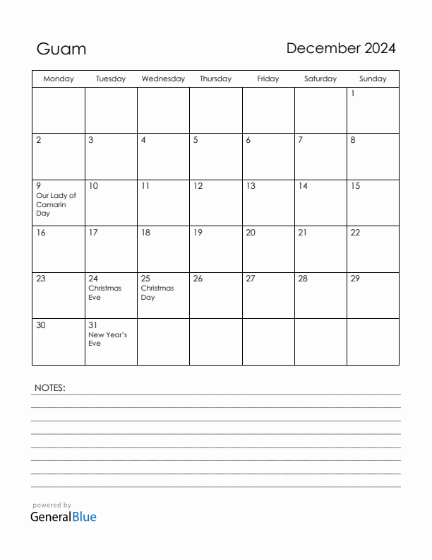 December 2024 Guam Calendar with Holidays (Monday Start)
