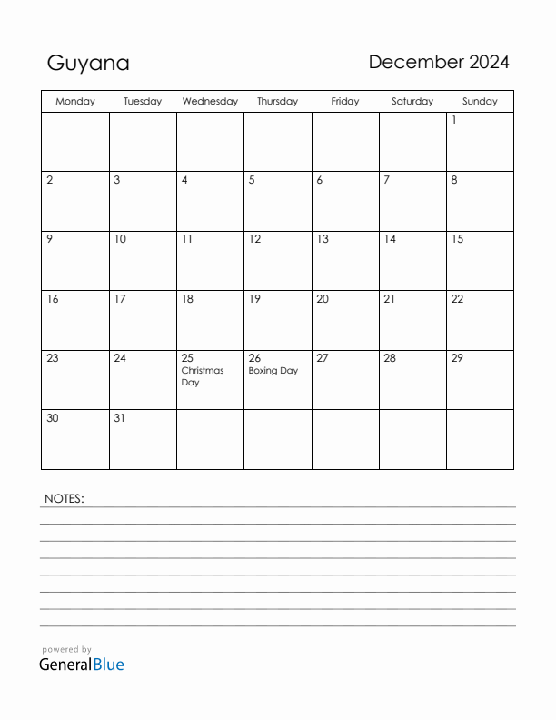 December 2024 Guyana Calendar with Holidays (Monday Start)