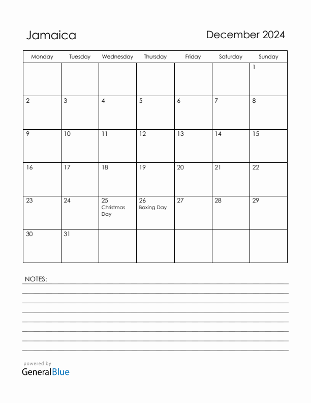 December 2024 Jamaica Calendar with Holidays (Monday Start)