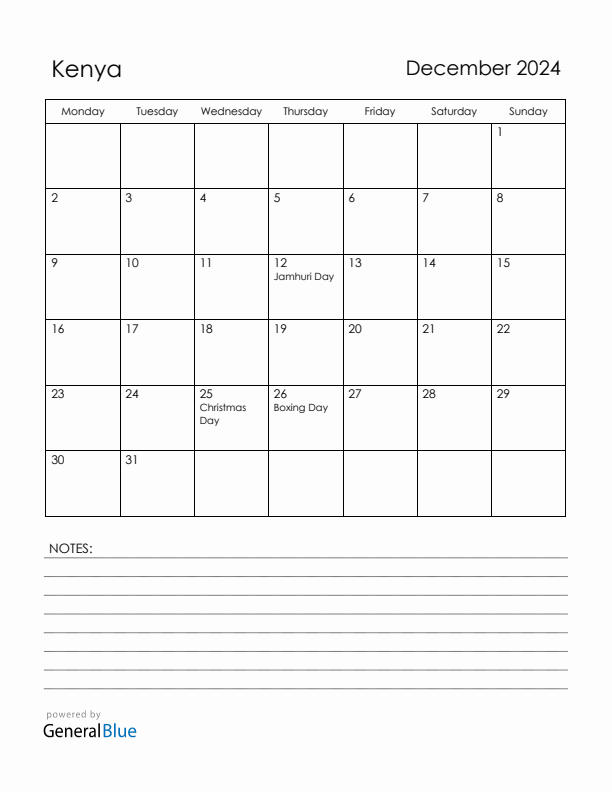 December 2024 Kenya Calendar with Holidays (Monday Start)