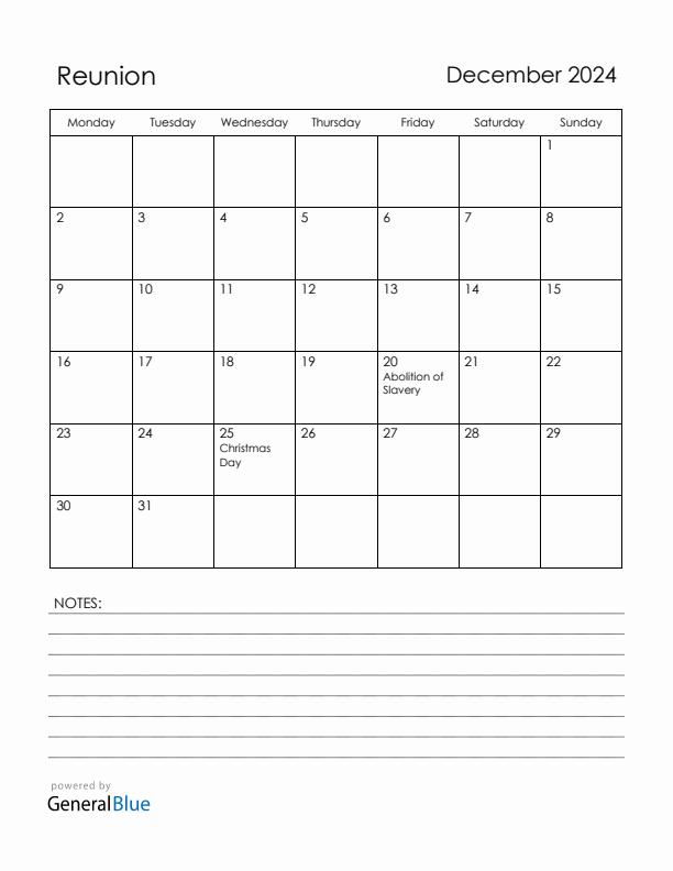 December 2024 Reunion Calendar with Holidays (Monday Start)