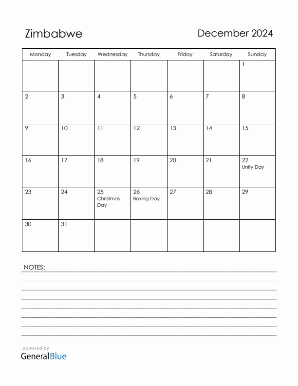 December 2024 Zimbabwe Monthly Calendar with Holidays