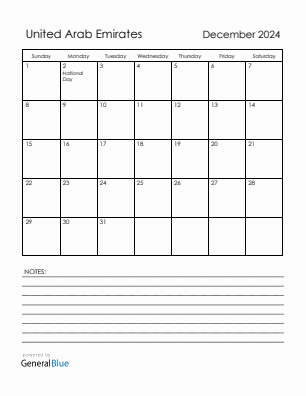 Current month calendar with United Arab Emirates holidays for December 2024