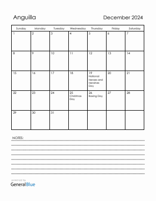 Current month calendar with Anguilla holidays for December 2024