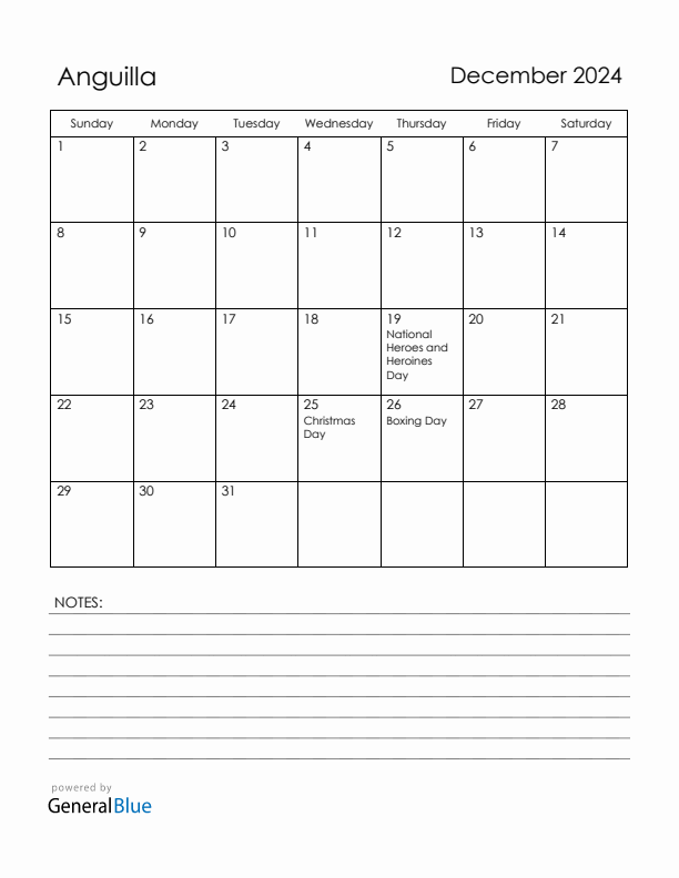 December 2024 Anguilla Calendar with Holidays (Sunday Start)
