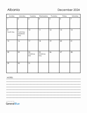 Current month calendar with Albania holidays for December 2024