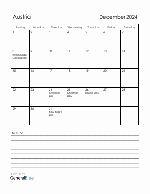 Current month calendar with Austria holidays for December 2024